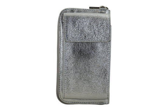 Portfel / etui na telefon ze skóry metalizowanej - Srebrny