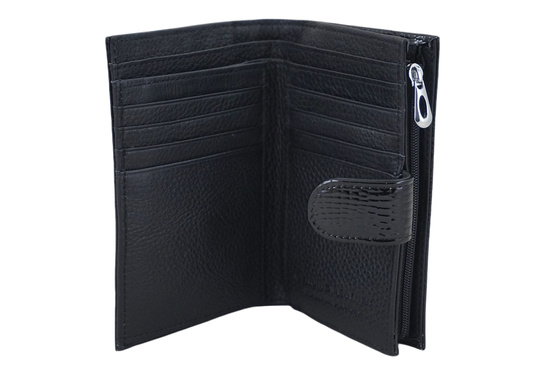 Portfel skórzany damski lakierowany na zatrzask - Czarny