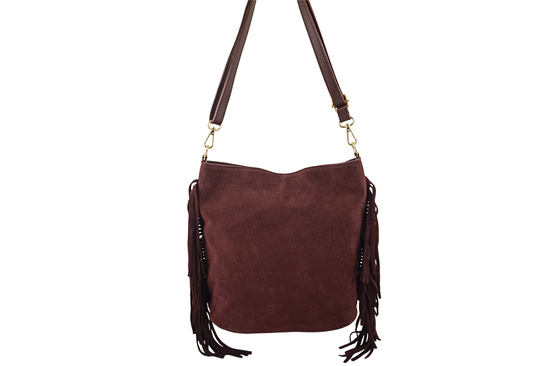 Zamszowa torebka boho z frędzlami - Bordowa