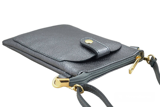 Mini torebka / etui ze skóry metalizowanej - Srebrna ciemna