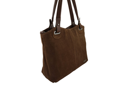 Duża elegancka torebka z naturalnej skóry i zamszu - Brązowa