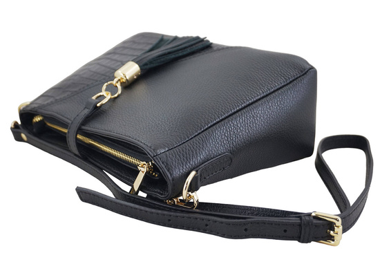 Torebka skórzana z ozdobnym frędzlem - Czarna