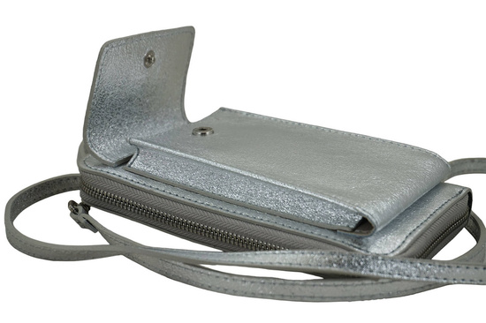 Portfel / etui na telefon ze skóry metalizowanej - Srebrny
