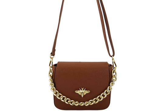 Modna torebka skórzana ze złotym łańcuszkiem - Brązowa jasna 