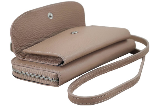 Portfel z etui na telefon ze skóry licowej - Różowy pudrowy