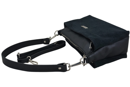 Pojemna torebka listonoszka ze skóry i zamszu - Czarna