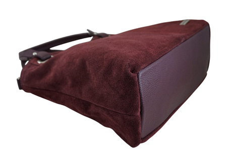 Duża elegancka torebka z naturalnej skóry i zamszu - Bordowa