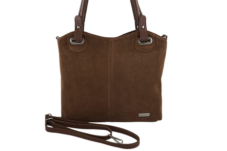 Duża elegancka torebka z naturalnej skóry i zamszu - Brązowa