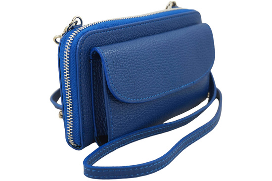 Portfel z etui na telefon ze skóry licowej - Chabrowy