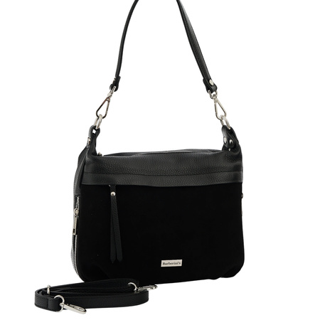 Skórzana torebka z zamszowym akcentem - Czarna 