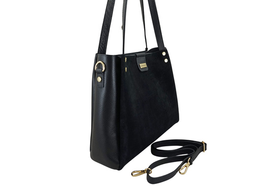 Klasyczna torebka skórzana z zamszem - Czarna 