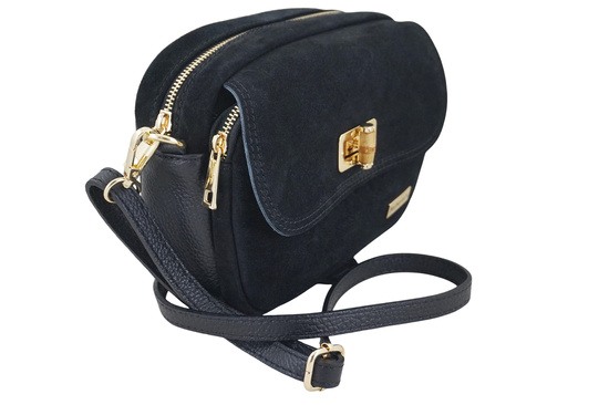 Mała zamszowa listonoszka ze złotym zapięciem - Czarna