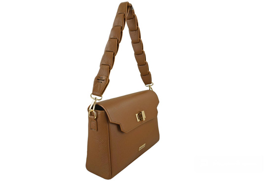 Skórzana torebka na ramię z plecionym paskiem - Brązowa jasna 