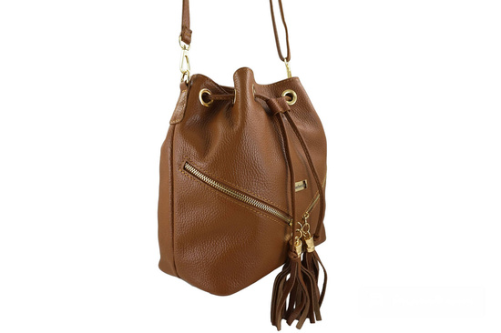 Torebka damska - worek z frędzlami - Brązowa jasna 