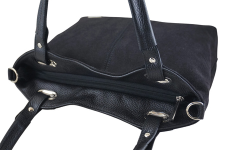 Duża elegancka torebka z naturalnej skóry i zamszu - Czarna