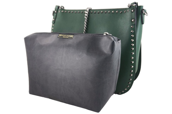 Modna torebka skórzana na ramię z nitami - Zielona ciemna 