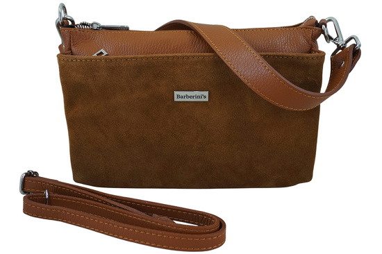 Pojemna torebka listonoszka ze skóry i zamszu - Brązowa jasna 