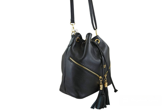 Torebka damska - worek z frędzlami - Czarna 