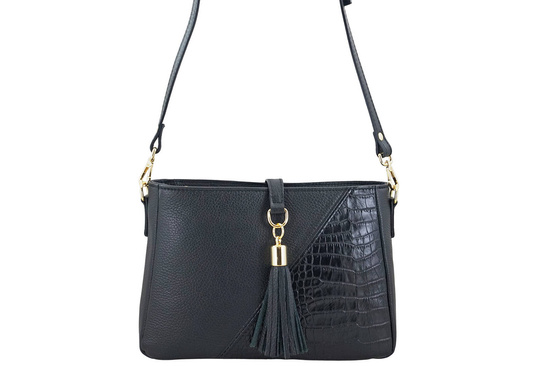 Torebka skórzana z ozdobnym frędzlem - Czarna