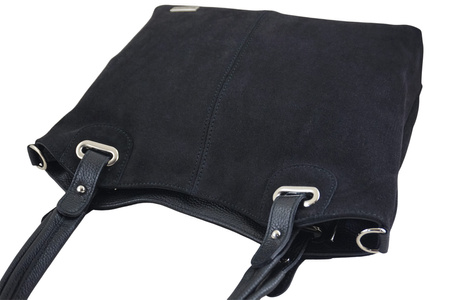 Duża elegancka torebka z naturalnej skóry i zamszu - Czarna