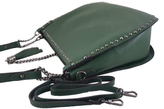 Modna torebka skórzana na ramię z nitami - Zielona ciemna 