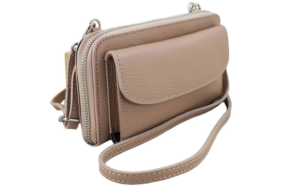 Portfel z etui na telefon ze skóry licowej - Różowy pudrowy