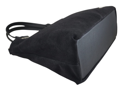 Duża elegancka torebka z naturalnej skóry i zamszu - Czarna