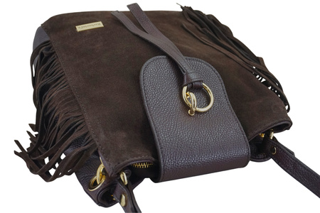 Skórzana torebka boho z frędzlami - Brązowa ciemna