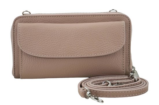 Portfel z etui na telefon ze skóry licowej - Różowy pudrowy