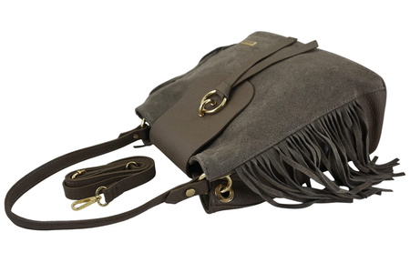 Skórzana torebka boho z frędzlami - Beżowa ciemna 