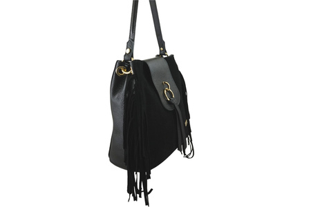 Skórzana torebka boho z frędzlami - Czarna 