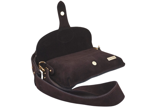 Zamszowa listonoszka na szerokim pasku - Brązowa ciemna 