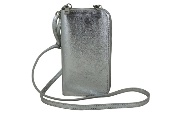 Portfel / etui na telefon ze skóry metalizowanej - Srebrny