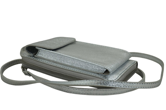 Portfel / etui na telefon ze skóry metalizowanej - Srebrny