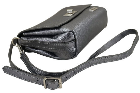 Skórzana torebka damska metalizowana - Srebrna ciemna 