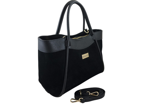 Elegancka torebka ze skóry zamszowej - Czarna 