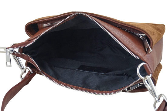 Pojemna torebka listonoszka ze skóry i zamszu - Brązowa 