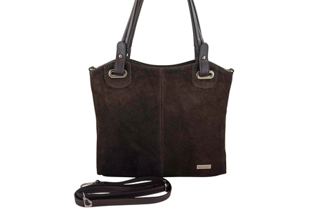Duża elegancka torebka z naturalnej skóry i zamszu - Brązowa ciemna