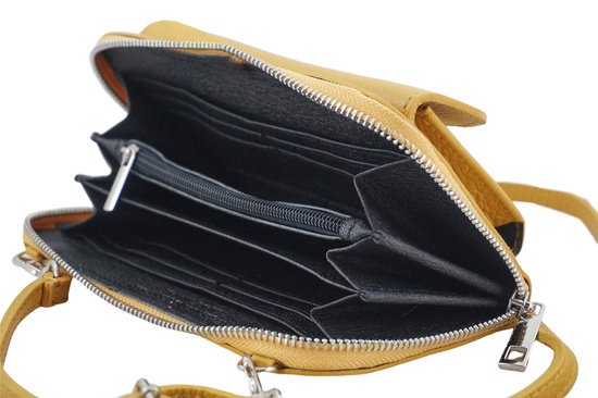 Portfel z etui na telefon ze skóry licowej - Żółty ciemny