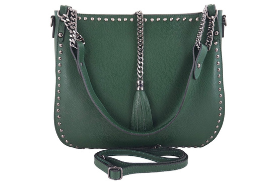 Modna torebka skórzana na ramię z nitami - Zielona ciemna 