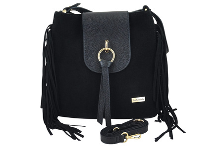 Skórzana torebka boho z frędzlami - Czarna 