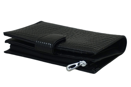 Portfel skórzany damski lakierowany na zatrzask - Czarny