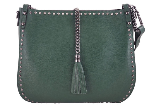 Modna torebka skórzana na ramię z nitami - Zielona ciemna 