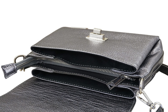 Skórzana torebka damska metalizowana - Srebrna ciemna 