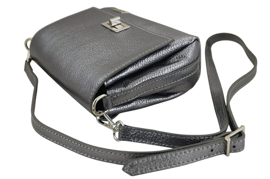 Skórzana torebka damska metalizowana - Srebrna ciemna 