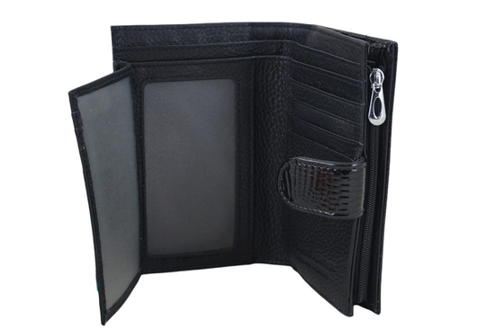 Portfel skórzany damski lakierowany na zatrzask - Czarny