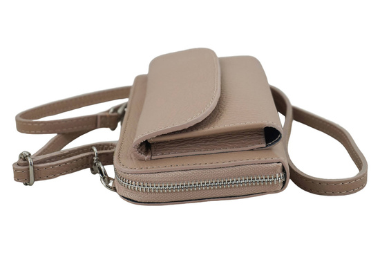 Portfel z etui na telefon ze skóry licowej - Różowy pudrowy