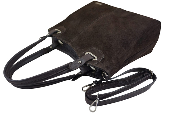 Duża elegancka torebka z naturalnej skóry i zamszu - Brązowa ciemna 