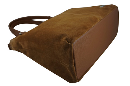 Duża elegancka torebka z naturalnej skóry i zamszu - Brązowa jasna