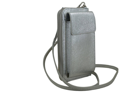 Portfel / etui na telefon ze skóry metalizowanej - Srebrny